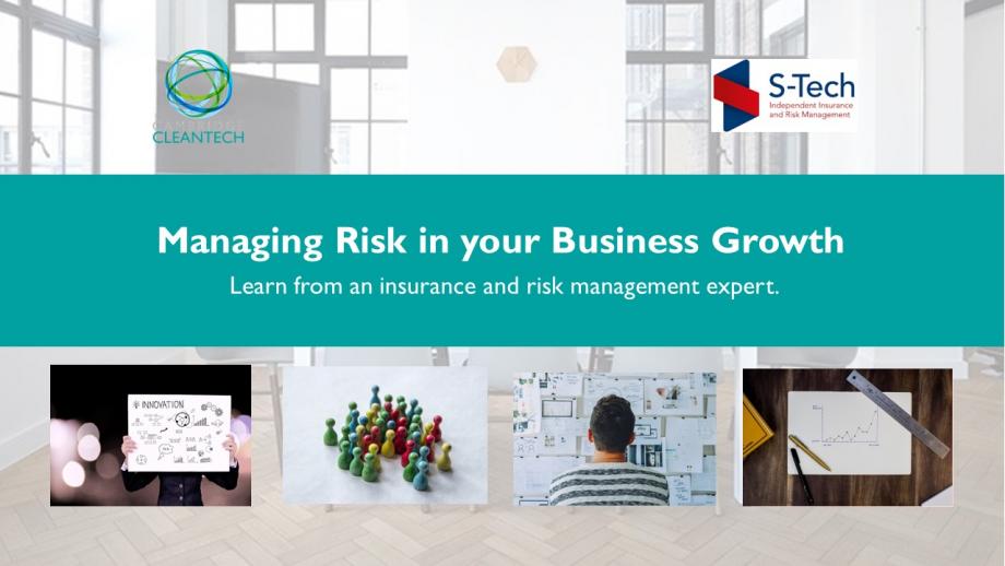 Managing Risk in your Business Growth image, with 4 little vignette at the bottom (innovation, team, SME, and growth) 