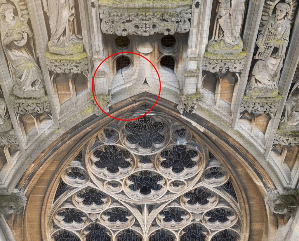  Defect on the exterior of Church of Our Lady and the English Martyrs (OLEM) in Cambridge, spotted by drone