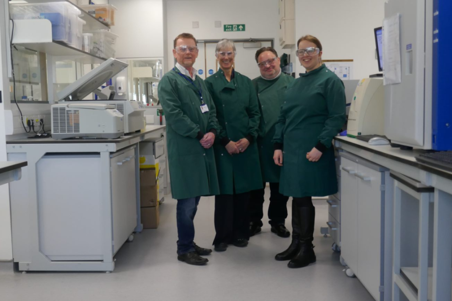Five Alarm Bio team.  From left to right: William Bains (CSO), Janette Thomas (CEO), Peter Tyrer (Lead Scientist), and Hannah Mizen (Research Scientist)