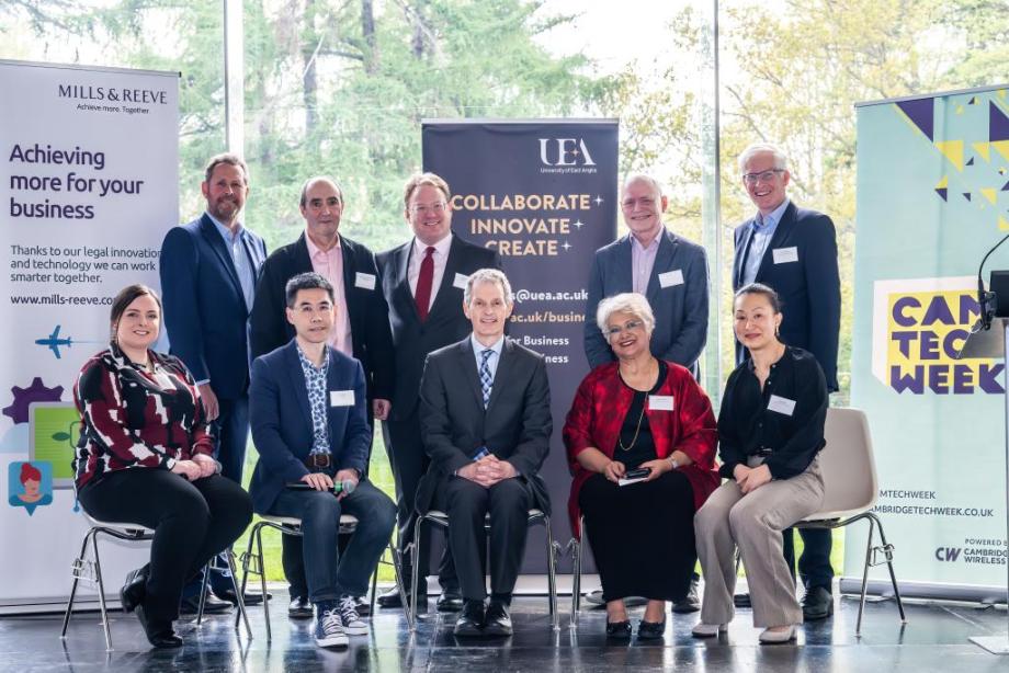 Group Photo, left to right back row: Craig Hodgson, Mills and Reeve; Nick Finlayson-Brown, Mills and Reeve;Mike Rigby, Eastern Promise; Martin Frost CBE; Chris Bruce, Cambridge Tech Week; Hannah Smith, Anglia Capital Group; Dr Jerry Wu, Tuspark; Professor David Maguire, Vice Chancellor of UEA; Dr Soraya Jones, UEA and Professor Sheng Qi, UEA.