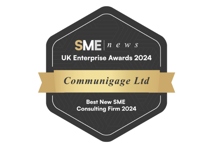 A black and gold rosette showing Communigage Ltd as the winner of the UK Enterprise Award for Best New Consulting Firm 2024