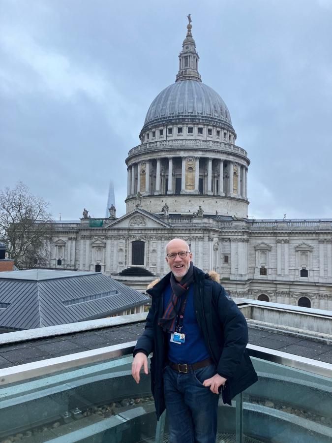 Simon on the roof of the Stock Exchange, overlooking St Paul's Cathedral