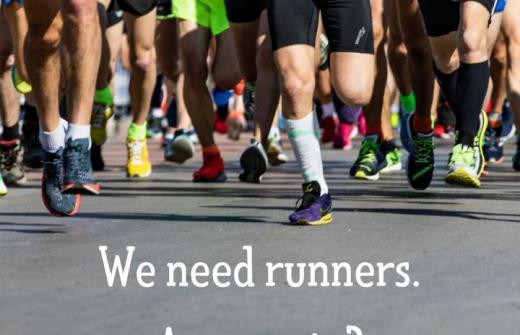 A photo of a group of people running in a marathon, accompanied with a Cambridge Cyrenians logo. Text reads: We need runners. Are you in?