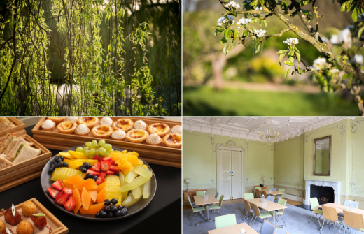 A collage of photos showing the Hinxton Hall Conference Centre grounds, rooms and a lunch buffet. 