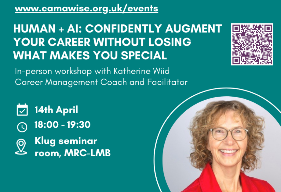 Banner about April 14 workshop with title 'Human + AI: Confidently augment your career without losing what makes you special', green background, photo of speaker, QR code to register
