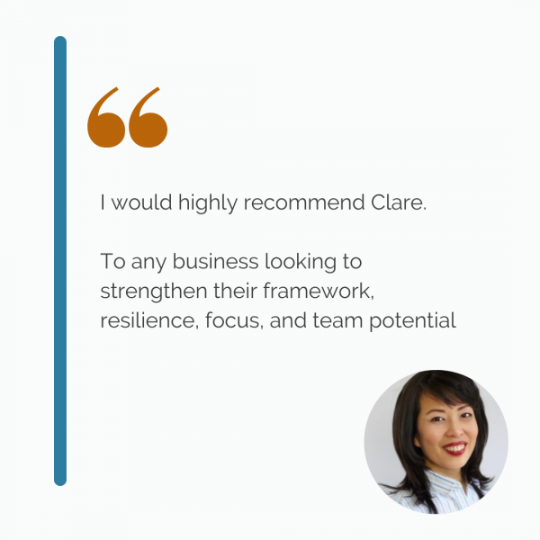 I would highly recommend Clare.  To any business looking to strengthen their framework, resilience, focus, and team potential.