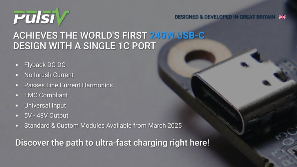 An image of a USB-C controller, listing out the benefits of Pulsiv's 240W technology