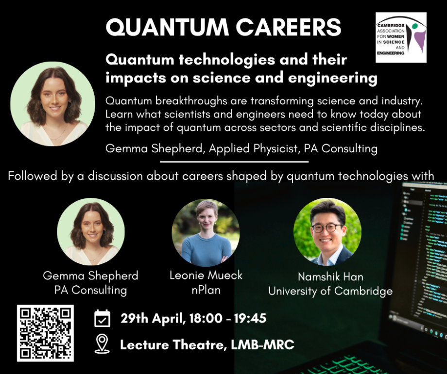Poster with information about quantum careers event on April 29, including title, details for speakers and their photos, and a QR code to register. There is also a computer screen image in the background.