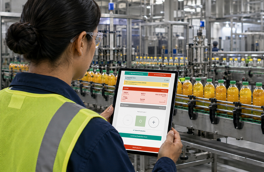 Engineer viewing machine performance data on a tablet PC with juice bottling production line in the background..