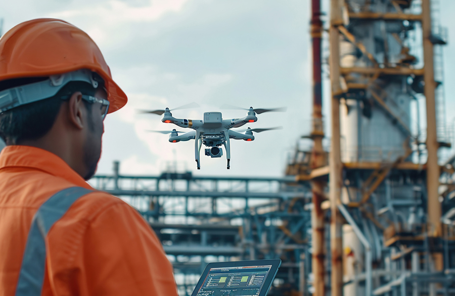 Image shows an industrial drone being used to inspect a petrochemical plant.