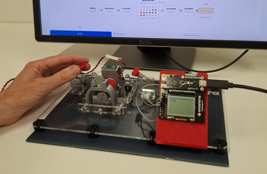 Image shows 42T's demonstrator using Innatera's Pulsar processor to detect changes in a motor's behaviour.