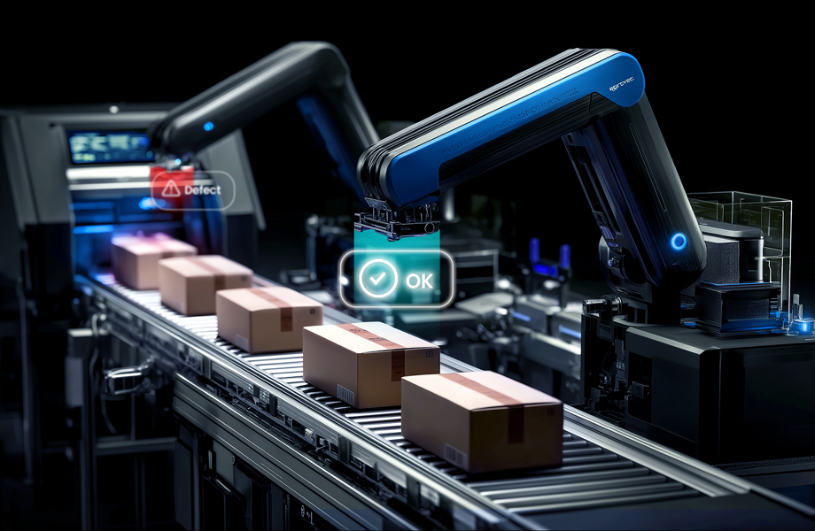 Products being inspected on a production line using an edge-AI enabled vision system.