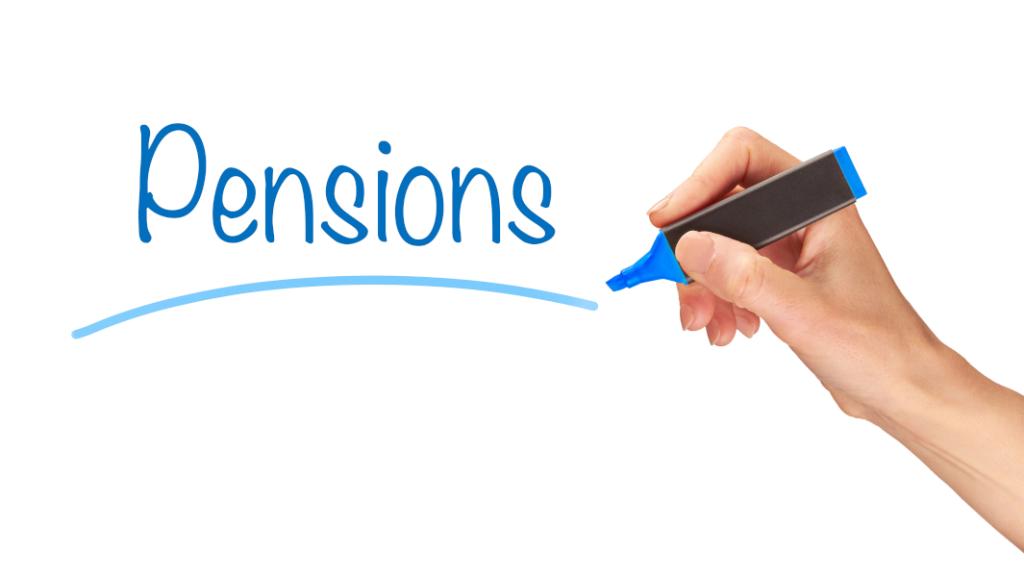Hand holding pen, having inscribed and underlined the word Pensions in blue, on a white background 