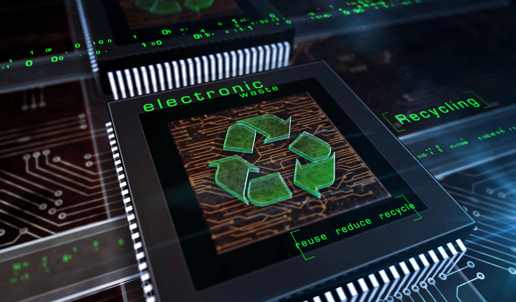 Predominant green recycling symbol, and the green words electronic waste on a technology, microchip industrial background 