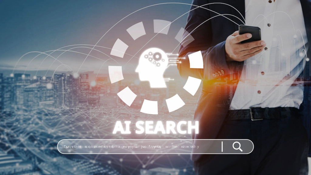 Close-up of a professional individual against a city landscape, searching on a smartphone. A large digital AI graphic and a wide, glowing search bar are overlaid across the lower screen, symbolising AI-integrated search technology