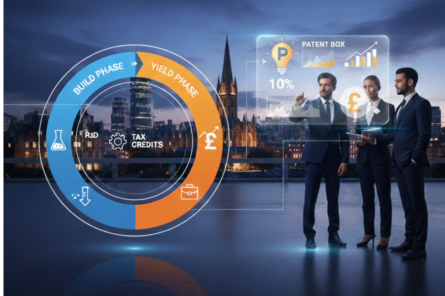 Conceptual graphic showing people on a bridge, with a darkened university skyline, viewing a patent financial growth chart with an R&D and patent life cycle.