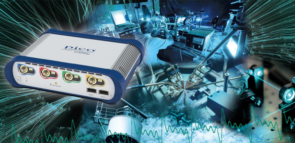 photo of a PicoScope 6403E on a busy background showing a lap, aircraft and other application uses 