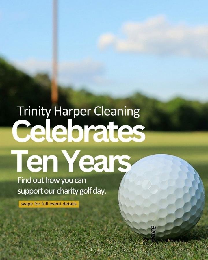 Trinity Harper celebrates ten years - charity gold event. background is a golf green and golf ball 