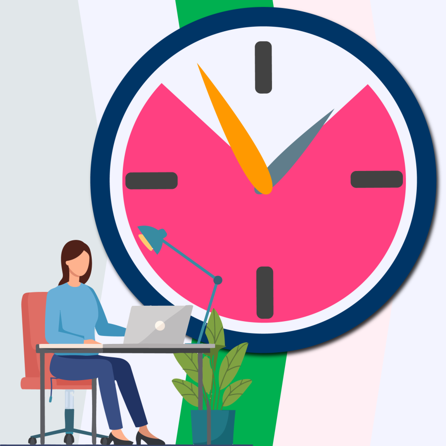 Illustration of a professional using a laptop with a large clock, representing 90-minute Microsoft Copilot training for busy teams