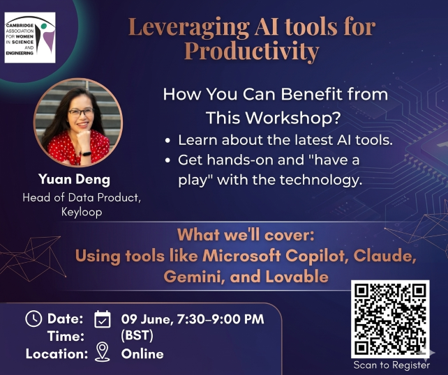 CamAWiSE event banner for an online workshop on using AI tools to improve productivity.