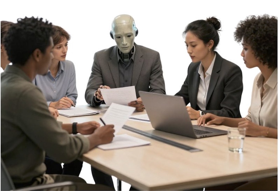 Image shows team working at a meeting with AI agent, cyber/ robot colleague in the centre