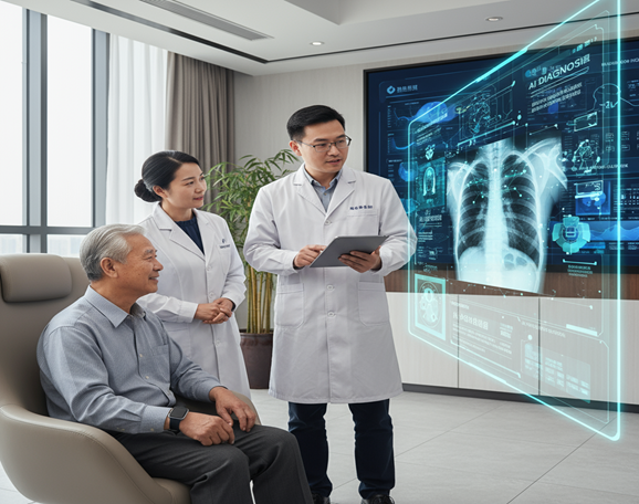 2 doctors with a patient looking at AI screen