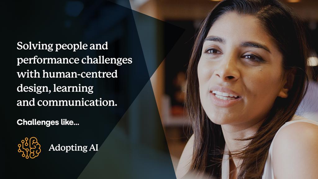 Smiling woman next to text reading "Solving people and performance challenges with human-centred design, learning and communication. Challenges like… Adopting AI." Promoting Acteon's refreshed website.