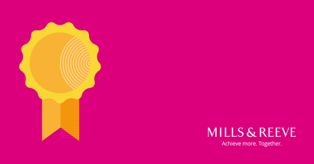 A hot pink background with a gold rosette on the left and the Mills & Reeve Achieving more. Together logo on the right.