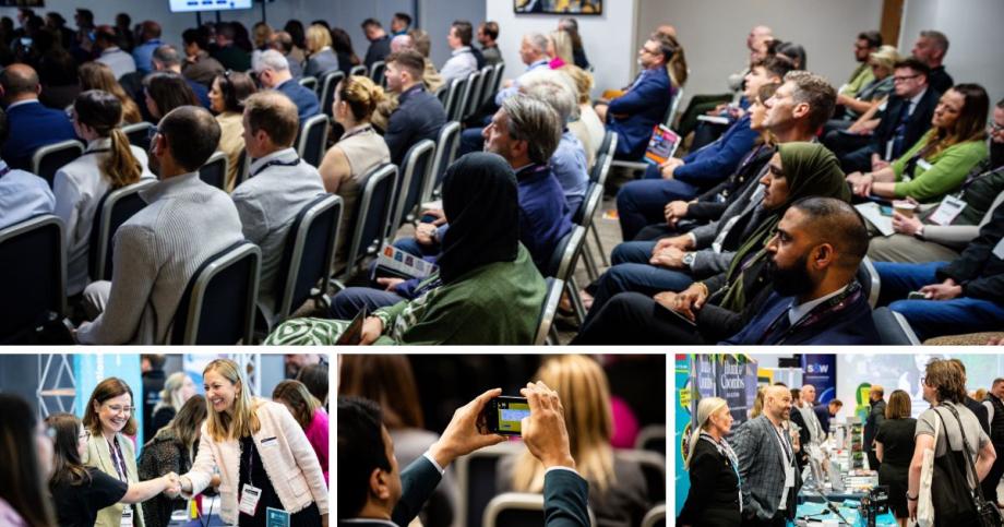 A collage of a professional conference featuring a large audience seated in rows listening to a presentation, attendees networking and greeting each other, a person taking a photo of the event, and visitors exploring exhibition stands.