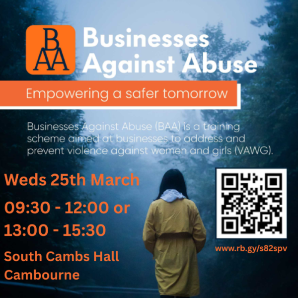 A promotional image for Businesses Against Abuse training on 25 March. It features an image of a woman walking away in the rain.