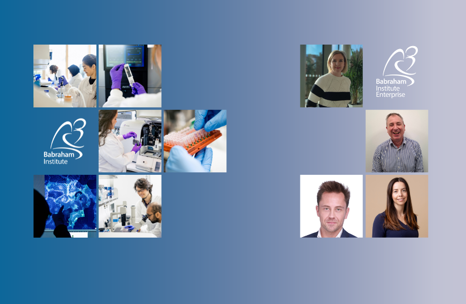 Collage of 7 images on the left hand side illustrating the Institute’s research and featuring the Institute logo, with 5 images on the right hand side showing the Babraham Institute Entreprise logo and the headshots of the four new members of the BIE Board.