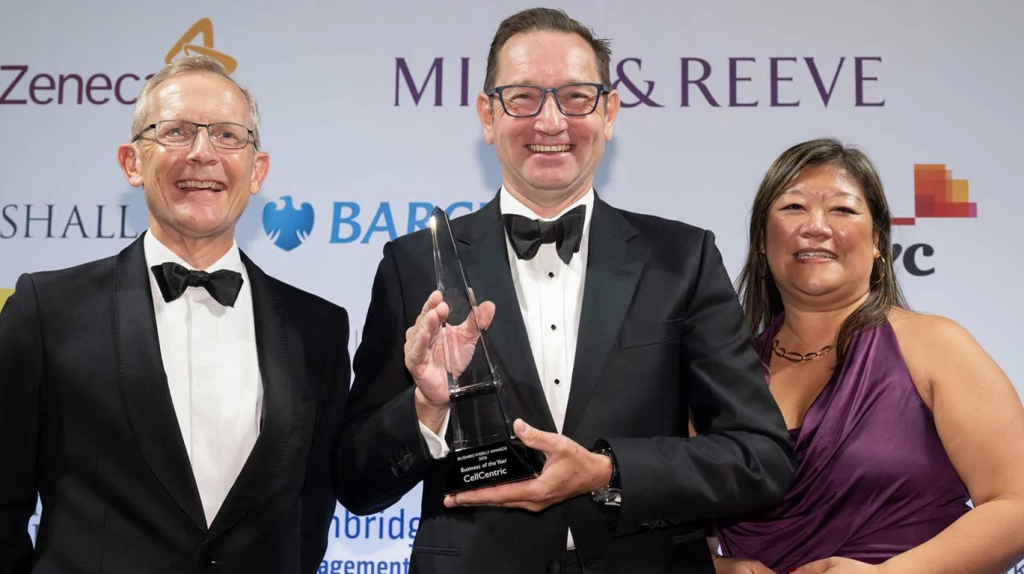 Image CellCentric CEO Will West (centre) with guest speaker Tim Minshall and Zickie Lim from lead Awards sponsor Mills & Reeve. Credit: Business Weekly © Phil Mynott
