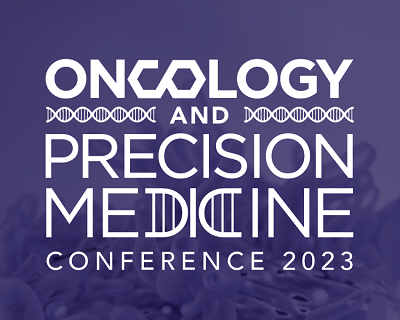 White words on blue background reading Oncology and Precision Medicine Conference 2023
