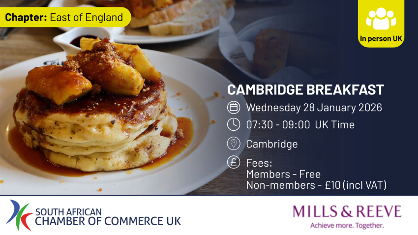Promotional image for the South African Business Breakfast in Cambridge, bringing together South Africans in business and UK organisations connected to South Africa.