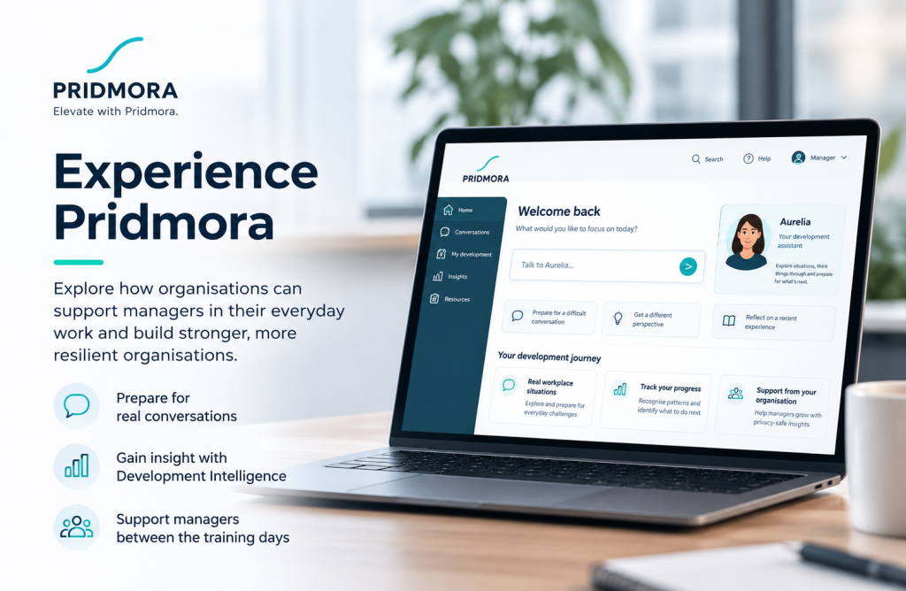 Experience Pridmora promotional image showing the Pridmora manager development platform on a laptop, highlighting everyday management conversations, AI-supported development and Development Intelligence.
