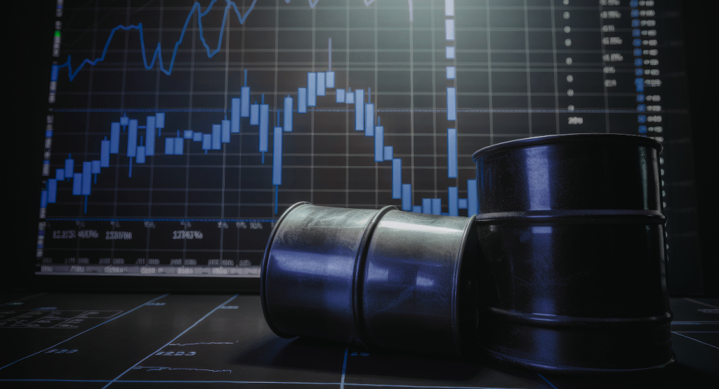 A graph showing rising inflation and two oil drums in front. 