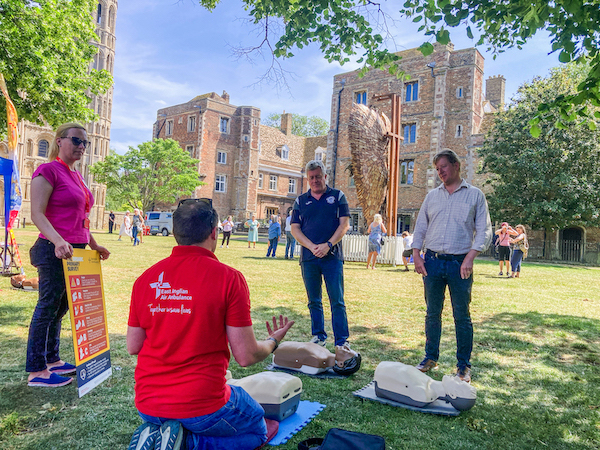 Pictured left to right: Andreea Budau, Volunteer; Jack Parkin, Community CPR Trainer at East Anglian Air Ambulance; Jonathan James, Chairman of Soham Town Rangers; and Paul Bristow, Mayor of Cambridgeshire and Peterborough.