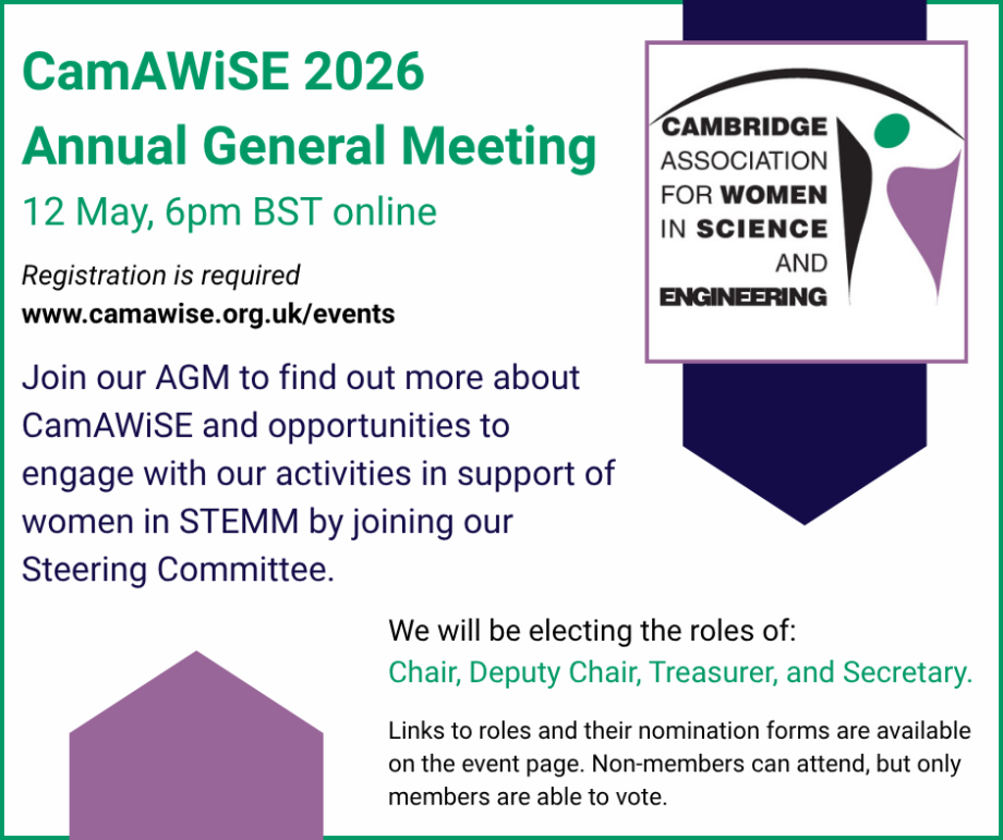 Promotional graphic for the CamAWiSE 2025 AGM, an online event on 22 May at 6:30pm BST. The image invites people to learn about CamAWiSE, join the steering committee, and vote for Chair, Deputy Chair, Treasurer, and Secretary roles.