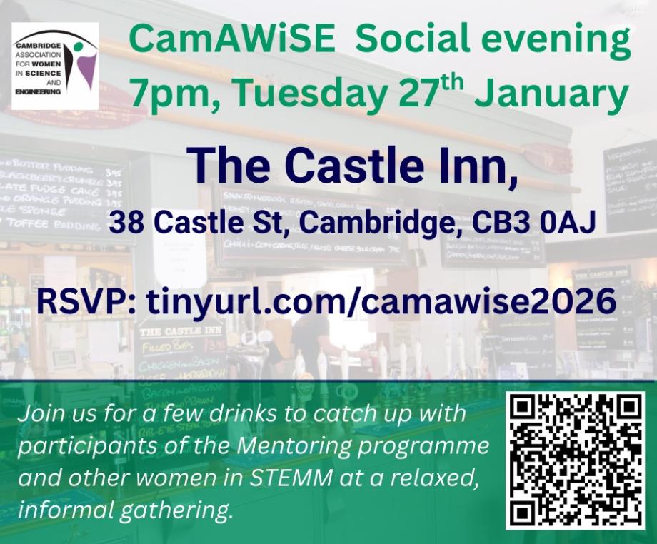 Banner with details of the CamAWiSE social event on January 27 from 7pm onwards at the Castle Inn pub in Cambridge. The banner includes a background photo of the pub and a QR code to access the event and registration page.