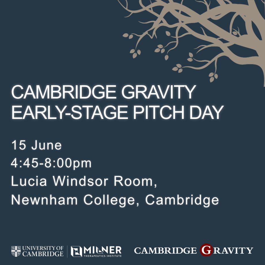 The words "Cambridge Gravity Early-Stage Pitch Day 15 June 4:45-8:00pm" appear in white on a dark blue background
