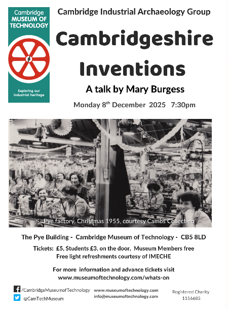 Poster of Cambridgeshire Inventions Talk by Mary Burgess