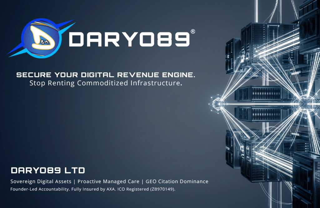 Daryo89 Ltd news banner displaying a deep blue, high-tech server architecture. The headline reads: 'SECURE YOUR DIGITAL REVENUE ENGINE. Stop Renting Commoditized Infrastructure.' Includes Daryo89 core services and corporate trust anchors: AXA Insured and ICO Registered.
