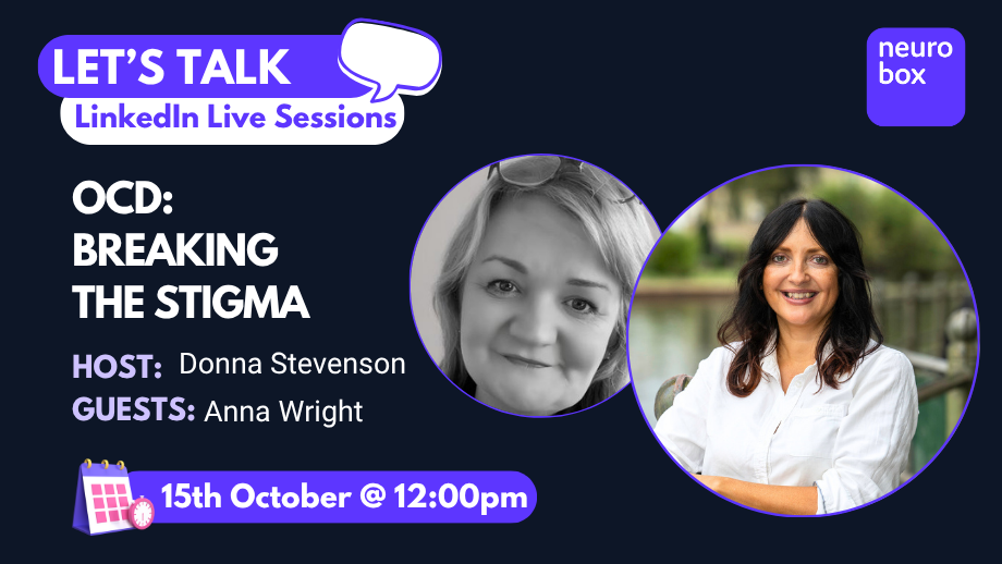 Promo graphic showing anna wright and donna stevenson. The title shows Let's Talk OCD breaking the stigma