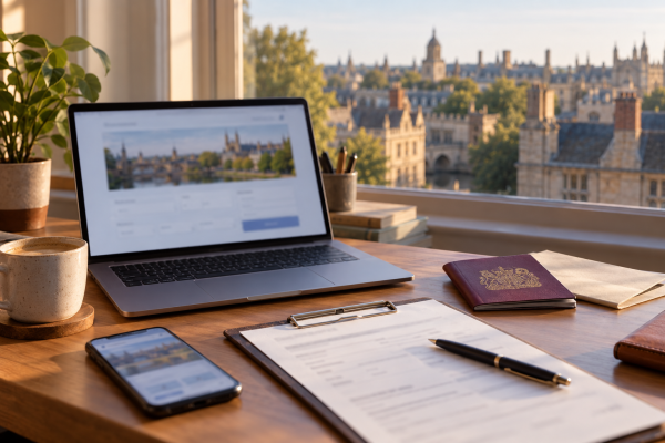 Business travel planning desk with laptop, phone, passport and journey documents overlooking Cambridge.