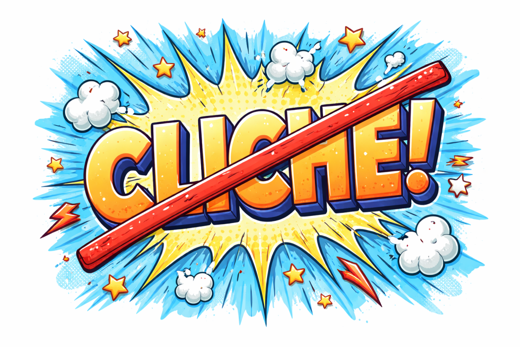 A poster with the word cliche crossed out