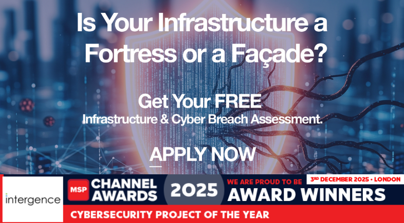 A padlock on an image with text saying 'Is Your Infrastructure a Fortress or a Facade? Get your FREE Infrastructure and Cyber Breach Assessment' including a banner underneath stating Intergence are winners of the Cybersecurity Project of the Year.