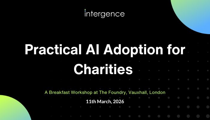 A black background with blue and green colouring in the corners, with white text in the middle saying 'Practical AI Adoption for Charities'.