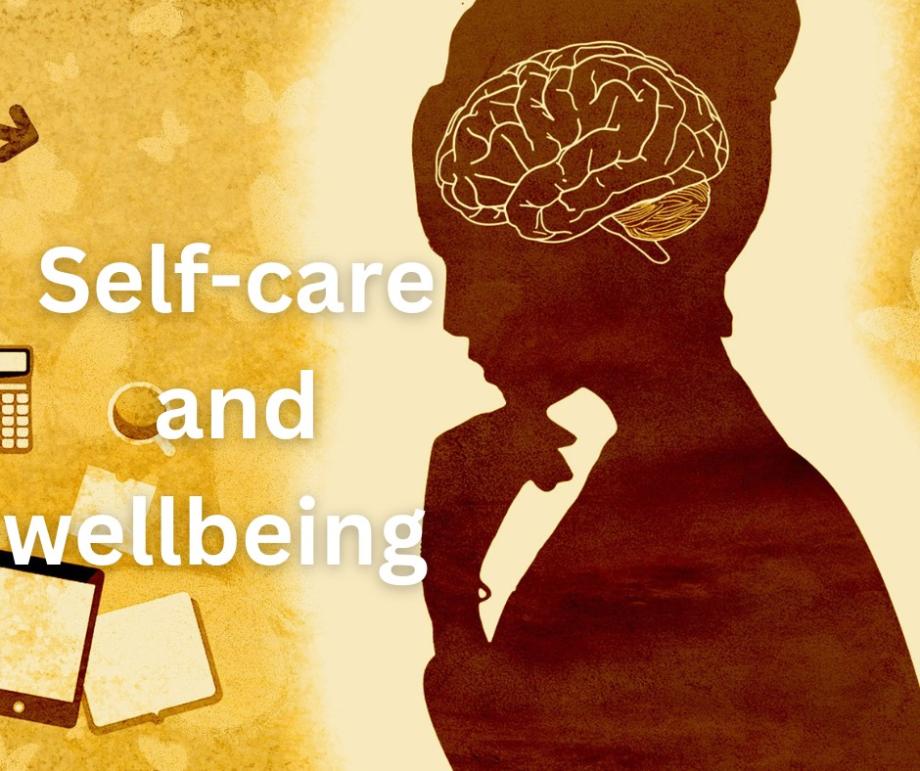 A silhouette of a woman in profile next to the words Self-care and wellbeing