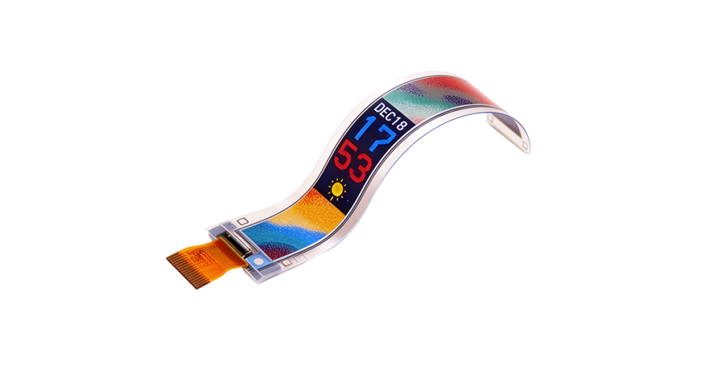 Curved colour ePaper display module showing a clock, date and some colour patterns