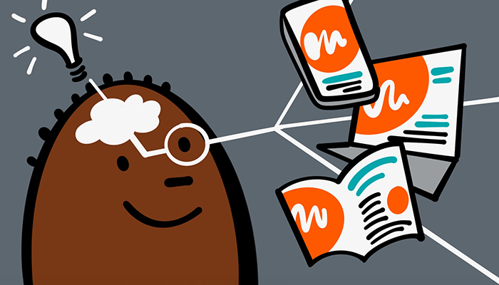 Illustration on a cartoon style character looking at a phone, a laptop and a brochure all with the same visual design theme. Lines link these to his eyes and then his brain, and a lightbulb has popped up above his head